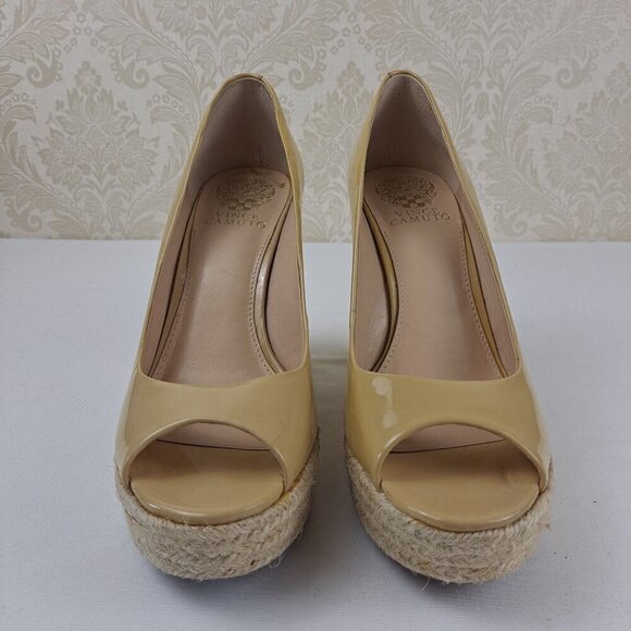 Vince Camuto Totsi Size 8M Nude Patent Leather Espadrille Wedge Heels Peep Toe - Picture 2 of 13